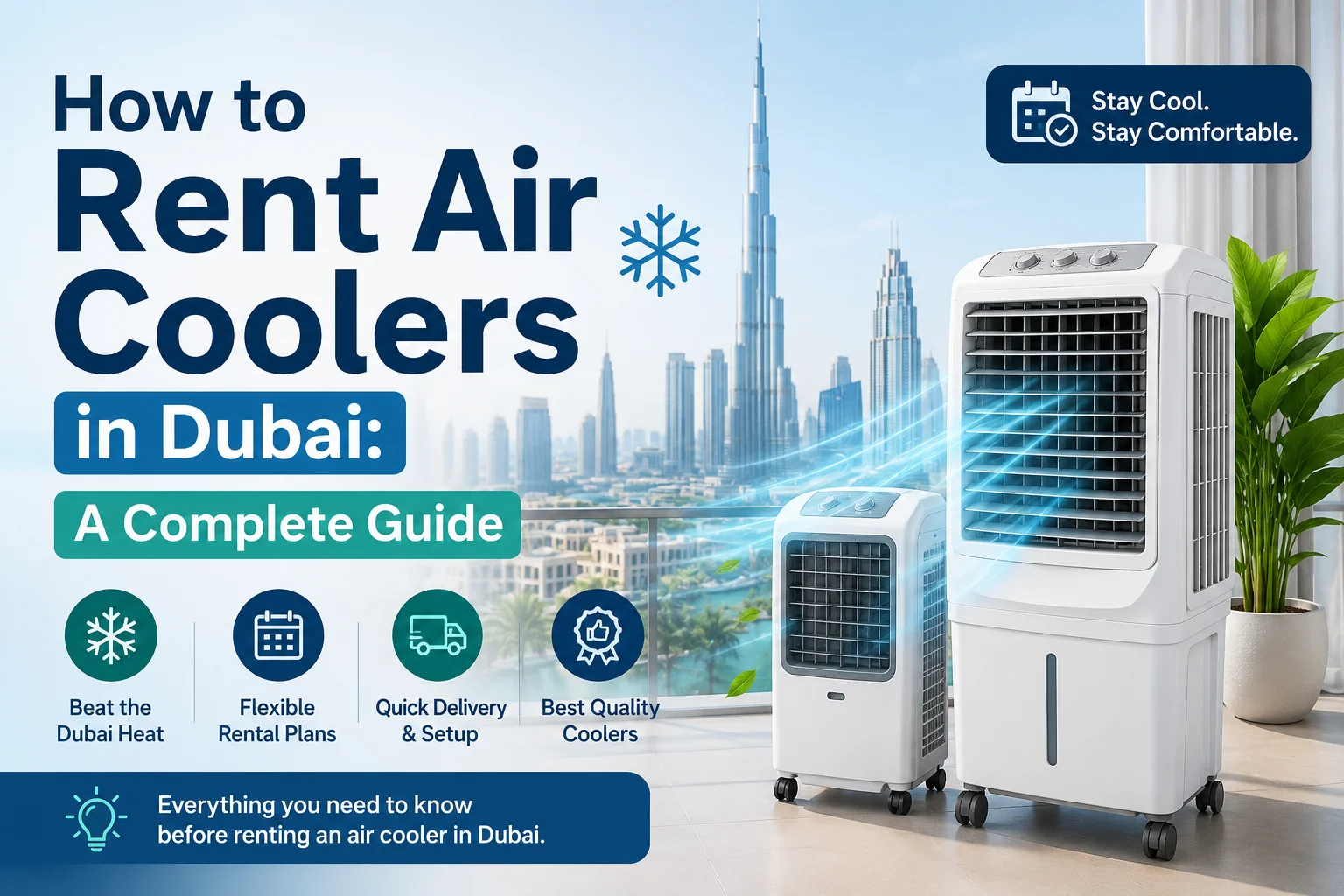 Air coolers available for rent in Dubai, showcasing a variety of models suitable for different needs