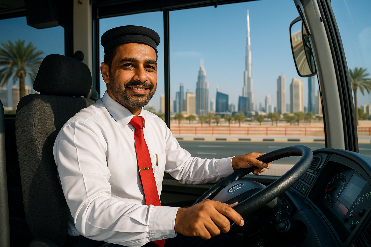 Bus driver jobs in Dubai showing a modern bus in city streets