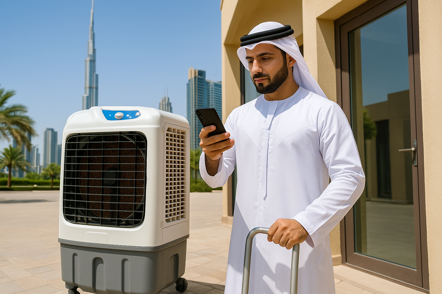 Air coolers available for rent in Dubai, showcasing a variety of models suitable for different needs